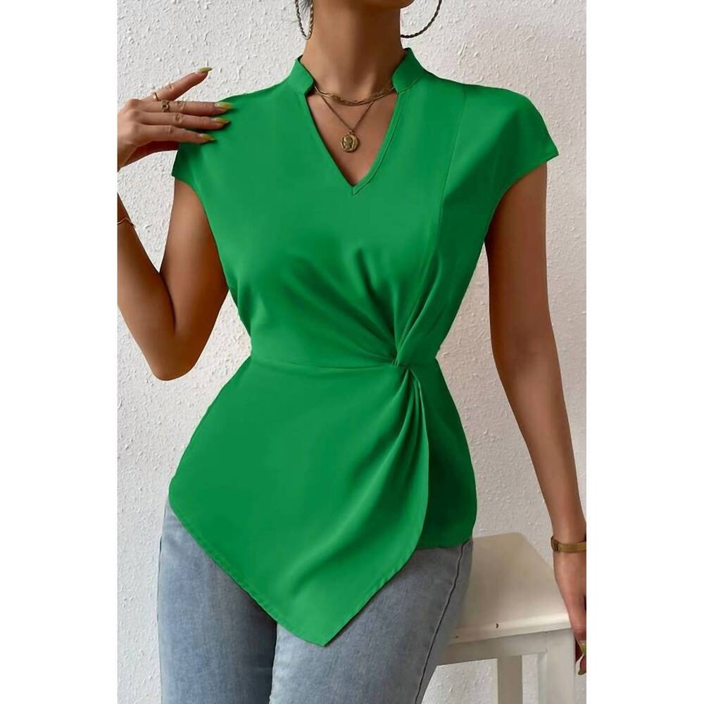 NEW SUPREME FASHION ruched cross fit v cut knot blouse in green